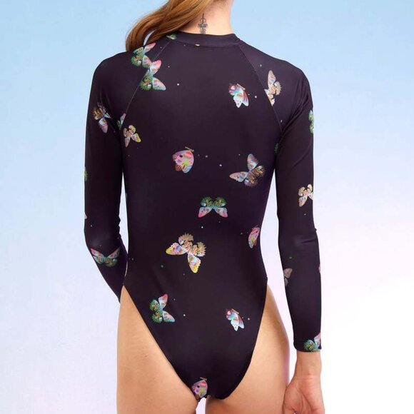 Cynthia Rowley black blue pink butterfly print front zip surf swimsuit - Picture 9 of 9